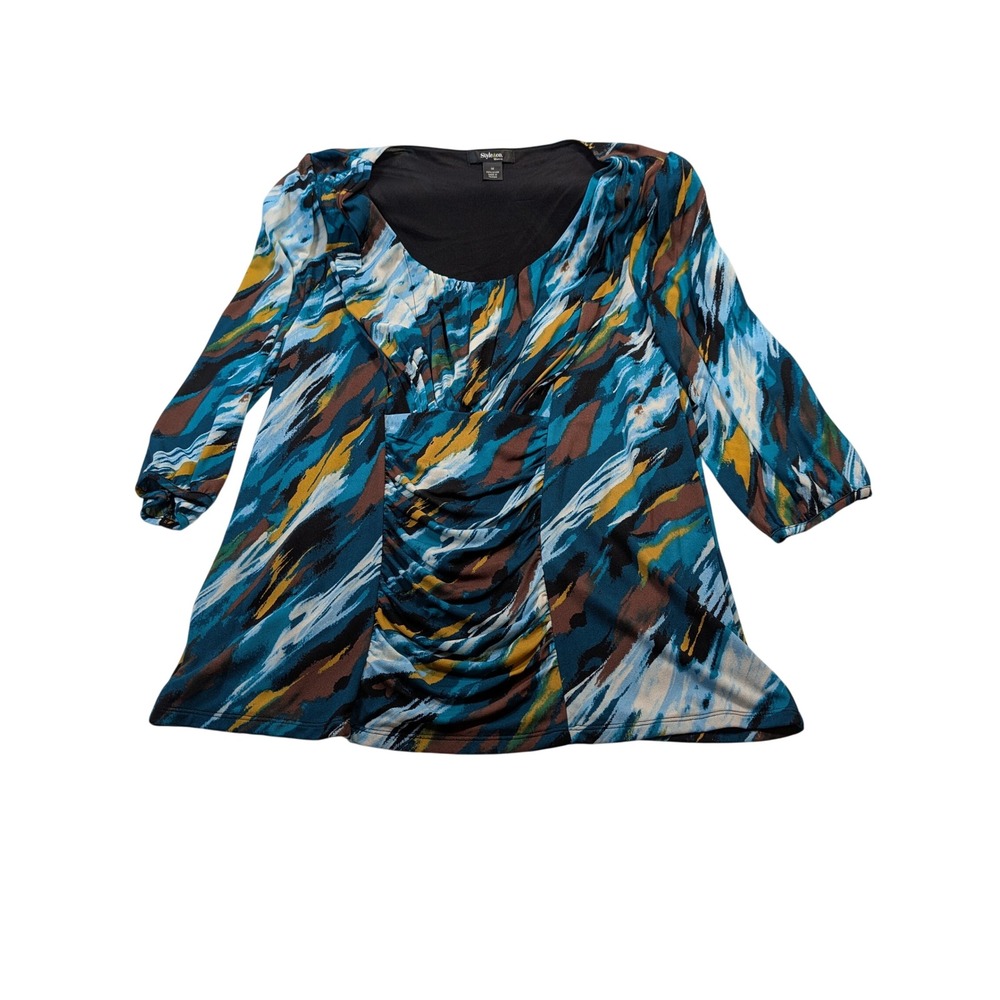 Style&co. Women 1X Abstract Ruched Blouse Blue Yellow Brown 3/4 Sleeve